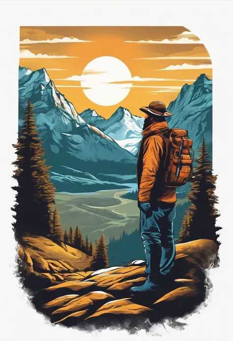 print ready vector t-shirt design, adventure scene with explorer, with beautiful nocturnal sun and mountain in the background, clean white background, professional vector, full shot, 8K resolution, deep impression illustration