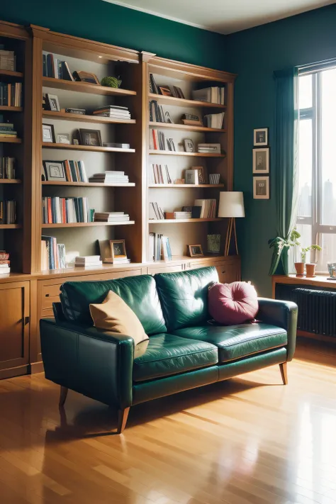 modern new york city room with big windows, built in wooden shelving with colorful books, green leather and oak modern couch and solid oak flooring 45mm original editorial photo