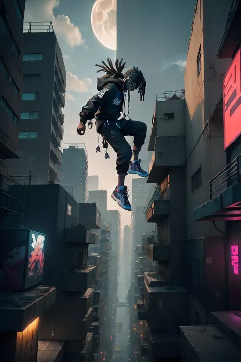 a black alien with dread with a black alien animal in a cyberpunk slum with a jordan sneaker doing parkour jumping wall on top of the slab of in a cyberpunk slum with a jordan sneaker doing parkour on top of the slum slab with flying cars in the sky and se...