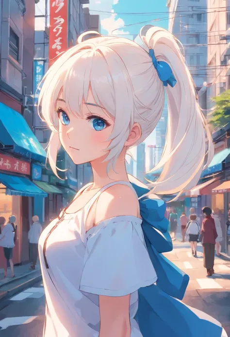 White color hair，Double ponytail curls，blue color eyes，White Lolita，Beth，A bustling city street