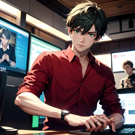 Absurd resolution, High resolution, (masutepiece: 1.4), Hyper-detailing, One young man:1,2, Face Focus, Mature men,His eyes are emerald green,student clothes, Wearing a wine red shirt, Wearing watches and rings,Internet cafe, Lots of information