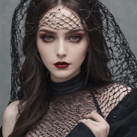 Girl with gothic net symbolic clothes, 。.com (Barbed wire of the body) brunette color hair，Gray hair ends cheesehamburger drop