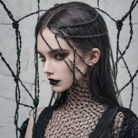 Girl with gothic net symbolic clothes, 。.com (Barbed wire of the body) brunette color hair，Gray hair ends cheesehamburger drop