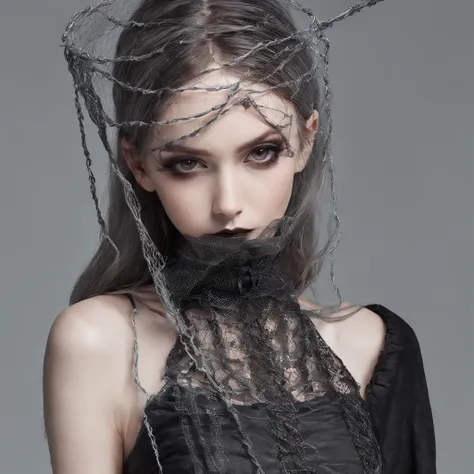 Girl with gothic net symbolic clothes, 。.com (Barbed wire of the body) brunette color hair，Gray hair ends cheesehamburger drop