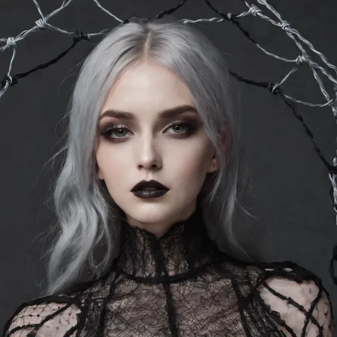 Girl with gothic net symbolic clothes, 。.com (Barbed wire of the body) brunette color hair，Gray hair ends cheesehamburger drop