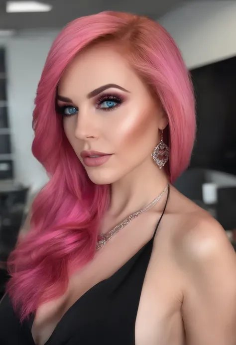 Woman with pink hair, Black Executive Set, expecting, Long hair, Sweet look, Blue eyes, Pink eyeshadow, Inside the office.