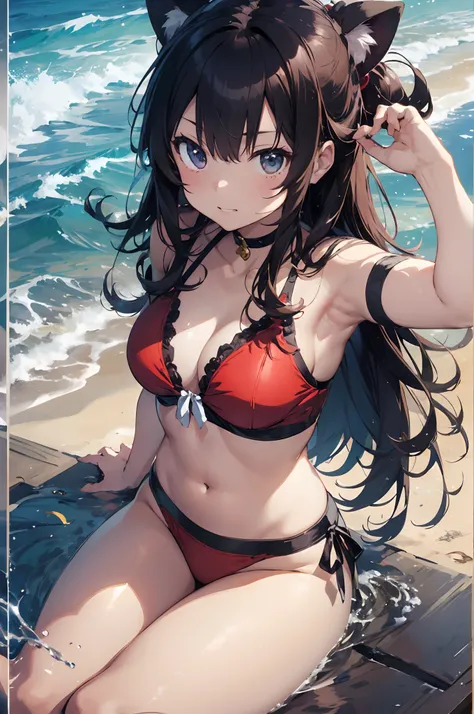 Anime cat-eared girl in red bikini sitting on the beach wearing hat、Beautiful anime cat-eared girl、Makoto Shinkai and Artgerm、Charming anime cat-eared girl、(an anime girl)、Kantai Collection Style、red bikini,small tits,Makoto Shinkai Art Style、Beautiful ani...