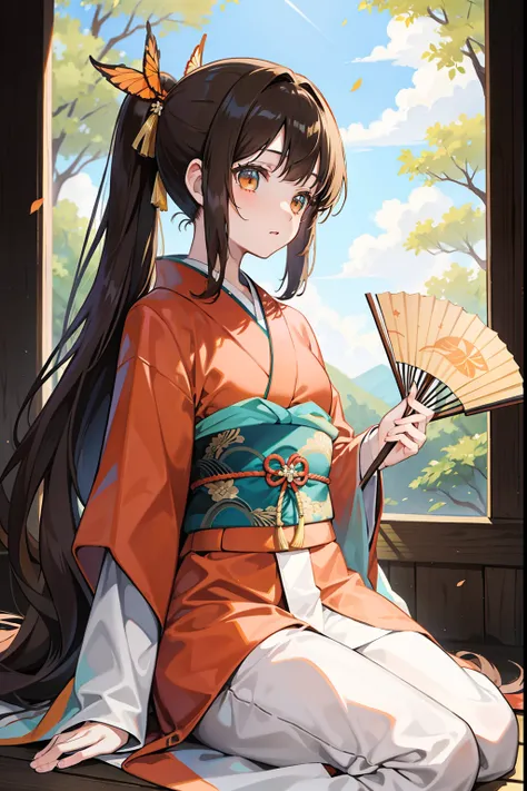 hime-cut　poneyTail　long brown hair　long kimono　the woods　folding fan　butterflys　teens girl