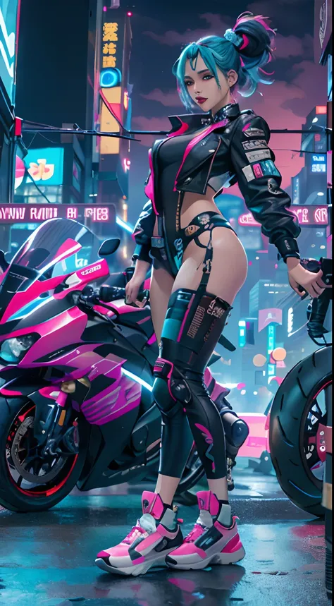 masutepiece, Best Quality, Confident cyberpunk girl, Full body shot, ((Stand in front of the motorcycle)), Pop costumes inspired by Harajuku, Bold colors and patterns, Eye-catching accessories, Trendy and innovative hairstyles, Bright makeup, Cyberpunk daz...