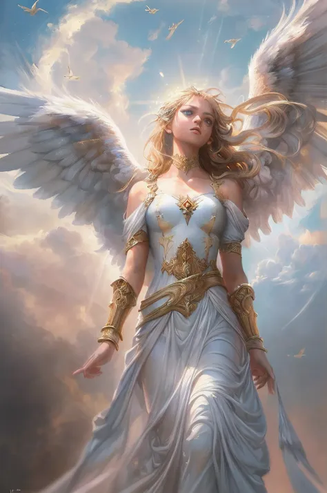 a picture of an archangel, flying in the sky (best details, masterpiece, best quality :1.5), cloudy skies background, an epic a ...