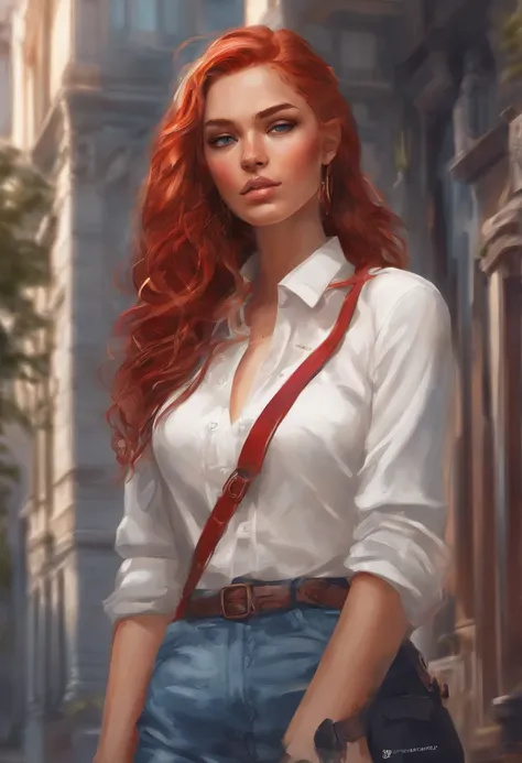 Woman with red braided hair, white blouse and denim skirt in front of a building, woman with detailed eyes, elegant and stunning digital art of digital illustration in digital style, Beautiful digital illustration, anime, kawaii, 2d, Stylish digital painti...