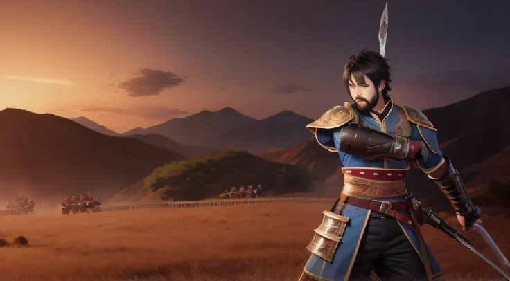 Xiahou Dun，The background is a battlefield where thousands of troops are fighting，