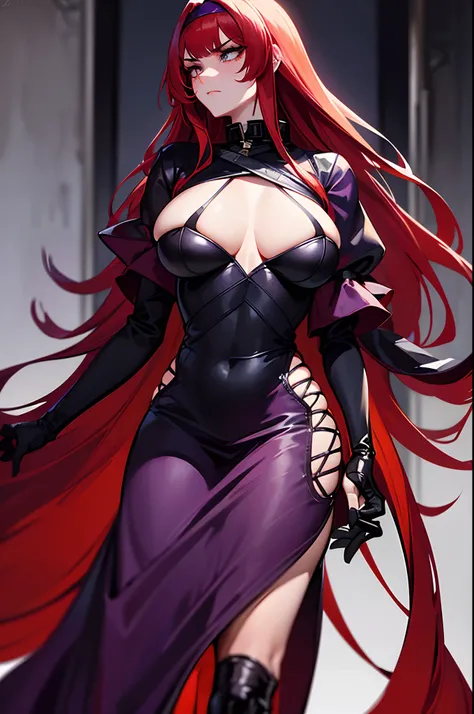 ((masterpiece)), ((best quality)), 1girl, long hair, big bust, ((red hair)), cñpse-up, profile picture, very long red hair, ((intimidant look)), sexy pose, ((blood marks)), yellow eyes, ((purple clothes)), leather, ((bandana)), brillant eyes, heels, fishne...