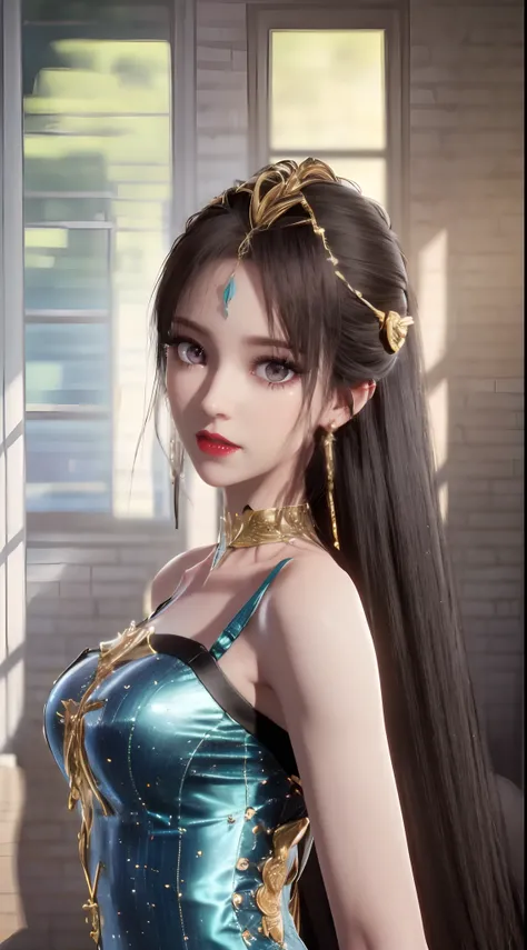 "1 beautiful girl in traditional dress, wearing a Chinese traditional ao dai in luminous blue color, The ao dai uses blue as the main color, black on the chest and yellow border, long hair and black bangs, most beautiful and detailed hair jewelry, Super cu...