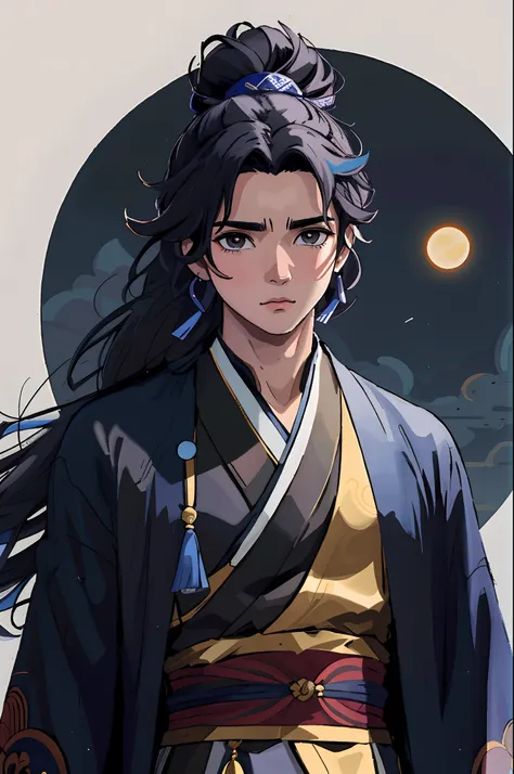 Un primer plano de una persona con cabello largo negro con acentos azules con un kimono negro azul Chico guapo en el arte de Demon Slayer, con el sol y la luna atras de el simulando un eclipse inspirado por Zhang Han, inspirado por Guan Daosheng, inspirad...