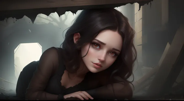 a beautiful young woman with dark hair trapped under a fallen beam, animated style, UHD