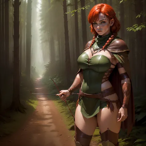 (((brown wild leather armor))) (((short cape))) (((beautiful woman))) ((fantasy theme))) (((Forest Hunter))) (((longbow in hand) ) ) (((big breasts))) (((short red hair with braided strands))) (((full body standing))) (((woman in the forest))) (((dense for...