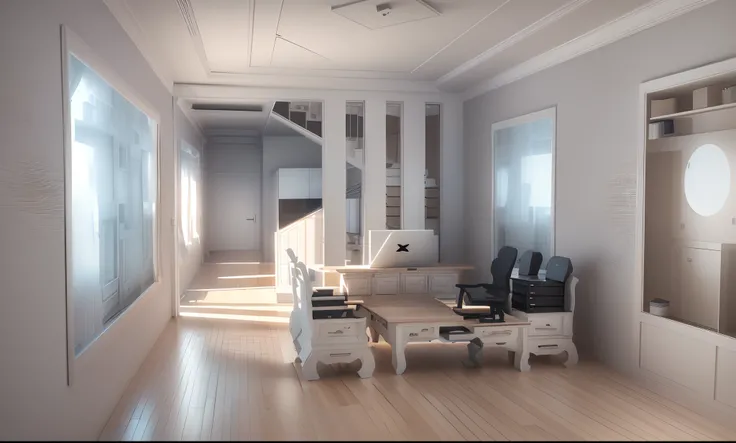 there is a drawing of a room with a desk and chairs, interior living room, 3d rendering, 3 d rendering, interior of a living room, house interior, render vray, with 3d render, with 3 d render, an interior of room, interior room, high detail 3 d render, ren...