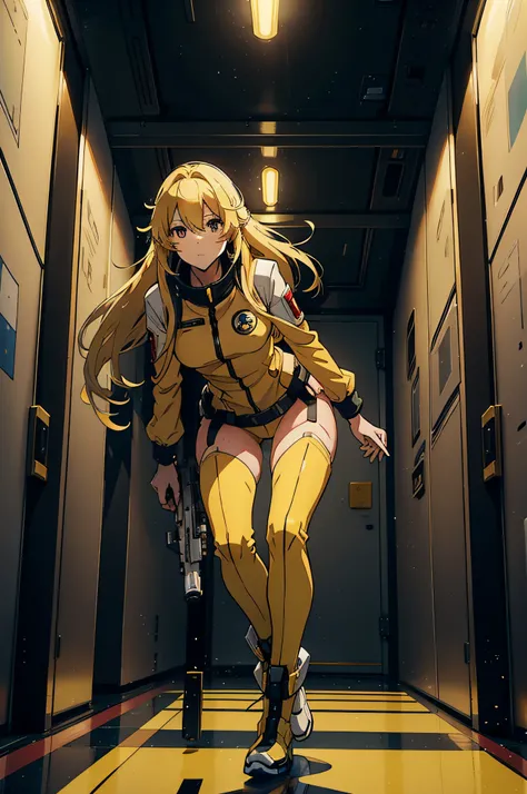 Yuki Mori from Space Battleship Yamato, wearing yellow, blond hair, inside a spaceship, white corridor, brightly lit, small windows showing space, her pistol on the floor, bending at the hip, to pick up the gun, one knee straight,