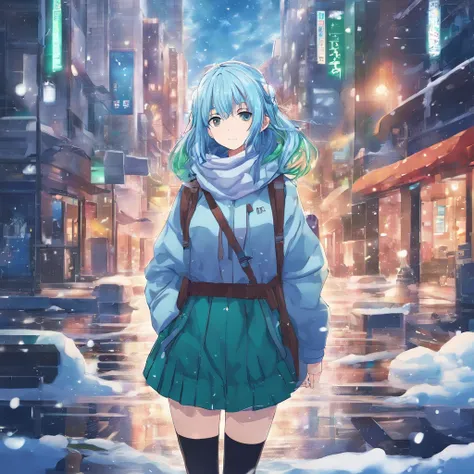 best quality,ultra high res,1girl,solo,full body,snow,city,, blue hair,green eyes,jk,school uniform,