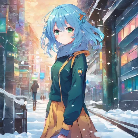 best quality,ultra high res,1girl,solo,full body,snow,city,, blue hair,green eyes,jk,school uniform,