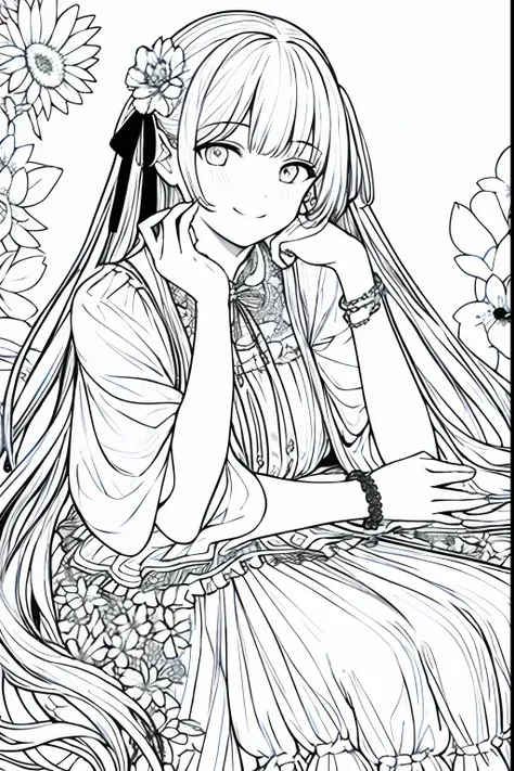 masterpiece, best quality, 1girl, solo, long_hair, looking_at_viewer, smile, dress, ribbon, jewelry, very_long_hair, hair_ribbon, flower, bracelet, two_side_up, hand_on_own_face, head_rest, hand_on_own_cheek, lineart, monochrome, coloring page