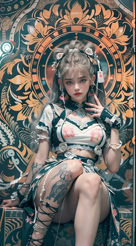 offcial art, Unity 8k wallpaper, Ultra detailed, Beautiful and aesthetic, Beautiful, Masterpiece, Best quality, (zentangle, mandalas, Tangled, entangle), 8K, Skin texture:1.4, tmasterpiece:1.4,Pose behind beauty，(Cyberpunk style Lolita costume in random co...