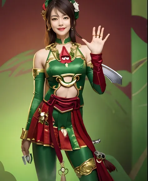 Smiling woman in green and red costume holding sword