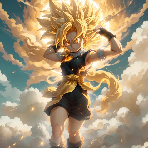 ((Masterpiece)), ((best quality)), ((super detailed)), (highly detailed CG illustration), stunning black and gold background, sky white cloud background, a cosplay super Saiyan Sun Goku girl standing on a yellow cloud, the cloud is too fast to pull out a l...