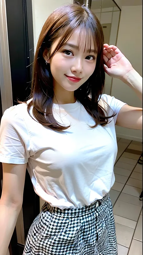 (Top Quality, 8k, 32k, Masterpiece, UHD: 1.2), 1 Girl, Beautiful Japan Woman, Thin Waist, (Beloved Face), (Female Ana Style Outfit), ((Neat and Clean Clothes), Natural Clothes, Pale Colored Blouses, (Mimore Length Skirt), Elegance Casual), 25 years old, Ci...