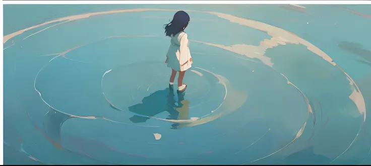 Draw a girl standing in a pool，inverted image, pondering. By Makoto Shinkai, Blue sea. By Makoto Shinkai, conrad roset and makoto shinkai, by Atey Ghailan, in style of atey ghailan, Anime girl walking on water, Inspired by Atey ghailan