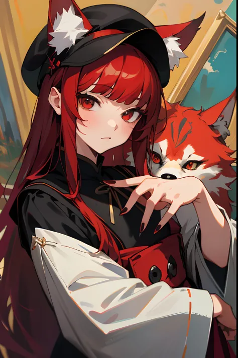 tmasterpiece,Need,The best beautiful girl,Extremely beautiful,World Masterpiece Theatre,super-fine,Need,Need,redheadwear,red color eyes，Bazi bangs，Wolf ears，nekomimi，Black nail polish，A high resolution,Need,1girl,Need,illustratio,looking at viewert, impast...