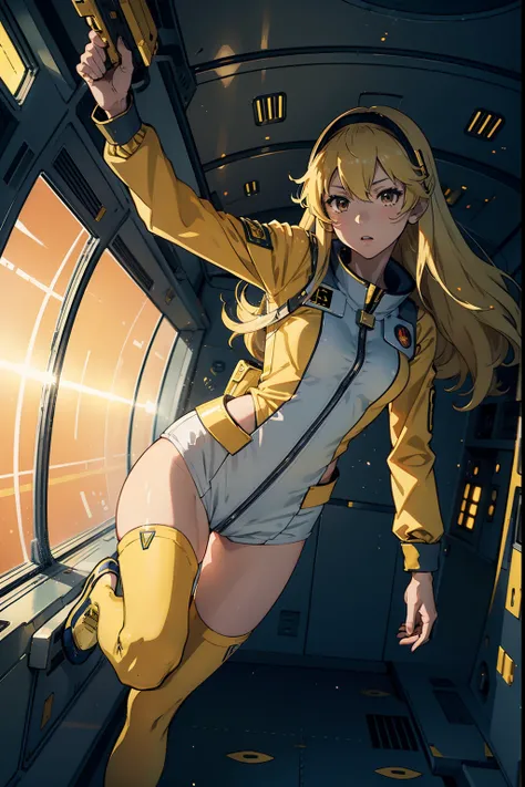 Yuki Mori from Space Battleship Yamato, Mori Yuki, wearing all yellow tight uniform, Space battleship 1999 Yamato uniform, all yellow uniform, blond hair, inside a spaceship, white corridor, brightly lit, small round windows showing space, bending forward ...