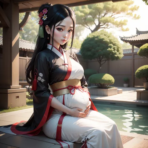 Woman in her 30s Hanfu, pregnant women with(wie z_swarm), tree, pool, Black hair,  Nahida_Genshin, child, Masterpiece, optimum