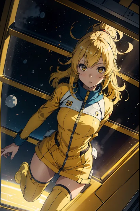 Yuki Mori from Space Battleship Yamato, Mori Yuki, wearing all yellow tight uniform, Space battleship 1999 Yamato uniform, all yellow uniform, blond hair, inside a spaceship, white corridor, brightly lit, small round windows showing space, bending forward ...