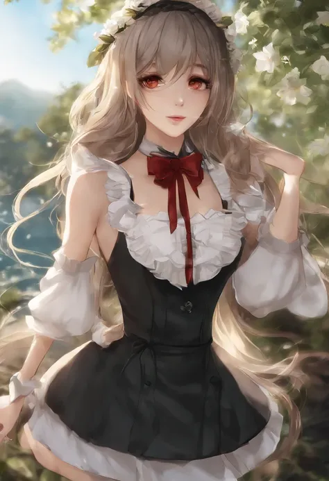 Alice, estilo de arte anime, 1girl, sozinho, seios, Olhando_em_visualizador, sorrir, curto_Hair, open sky_boca, grande_seios, vermelho_olho, Hair_entre_olho, superior_corpo, Branco_Hair, :d, Blurry, chefe