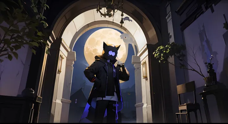 there is a man in a cat mask standing in a doorway, vrchat, lunar themed attire, in front of a big moon, inside her surreal vr castle, in front of the moon, moon behind him, in front of a full moon, spellcasting pose, in the moon, in the middle of round ru...