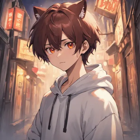 Dark-haired man with brown tiger ears、20yr old、Wearing a white hoodie、cool、Male physique、Male skeleton、Have red eyes、The background is a town