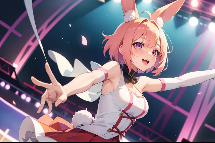 Anime girl with pink bob hair and rabbit ears, Singing with a cheerful expression while sweating alone on the big stage of a summer festival, The clothes are server punks style, Wearing a long skirt with a slit, Composition that shows the whole body, anime...