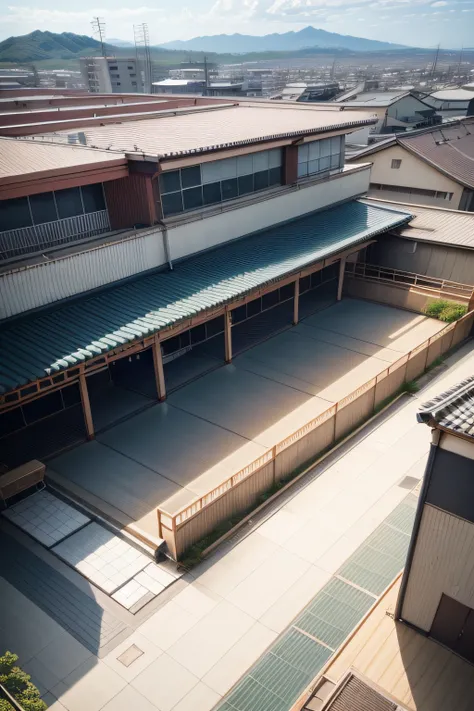 High School in Japan、On the rooftop、daytime、no person、View from the first floor、