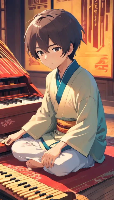 full body Esbian, Very young boy sitting on a mat playing guzheng，Oriental face，With very unique features and cartoon-style visuals。