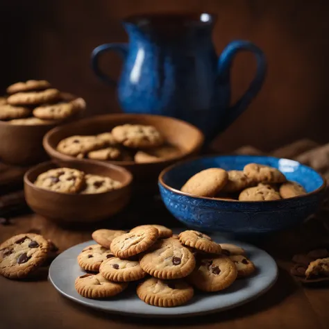 A wooden bowl filled with delicious cookies on the table, Still life by Jean-Pierre Noblin de la Gourdan, featured on cg society, artsy photography, photo taken with ektachrome, Photo taken with Nikon D750, macro photography