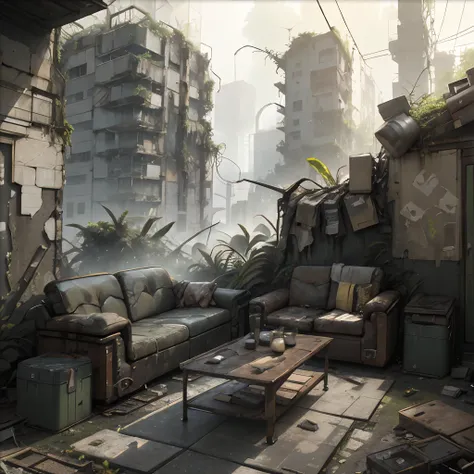 decrepit cyberpunk furniture set in the midst of an overgrown, post-apocalyptic urban jungle, nature reclaims, overgrowth, resil...