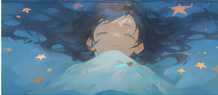 Illustration of a woman with stars in her hair lying down, conrad roset and makoto shinkai, Blue sea. By Makoto Shinkai, ( ( Makoto Shinkai ) ), studio glibly makoto shinkai, Makoto Shinkai Cyril Rolando, By Makoto Shinkai, By Makoto Shinkai, pondering. By...