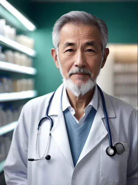 50yearsold，Male doctor Alaferd, wearing a white coat and stethoscope, stands in the pharmacy, male physician, the doctor, doctor, asian old skinny scientist, close up portrait shot, close up portrait shot, wearing a white lab coat, wearing a lab coat, asia...