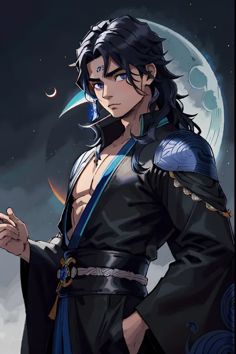 Hombre alto musculoso con kimono de color negro y azul parado frente a un eclipse, cabello de color negro con acentos azules, OJOS DE COLOR NEGRO hombre en estilo de arte de demon slayer,