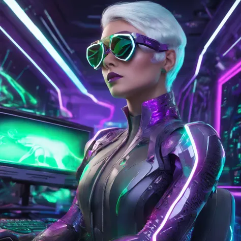 ((Best Quality)), ((Masterpiece)), (Very detailed: 1.3), 3D, NeonNoir, beautiful cyberpunk woman, (wearing thick and high-tech holographic glasses: 1.2), wearing a cape, hacking into a computer terminal, purple neon on the monitor, green neon sign on the w...