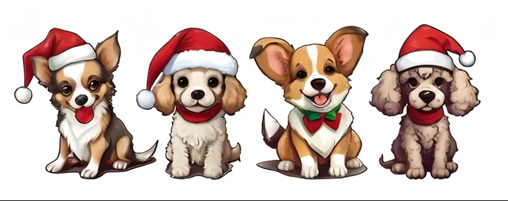 Three dogs wearing Christmas hats and scarves sit side by side, cute artwork, Dogs, cute detailed artwork, pet animal, author：Master of Han Chinese, youtube thumbnail, fursona art, Cute detailed digital art, Isometric 3d fantasy cute dog, adorable digital ...