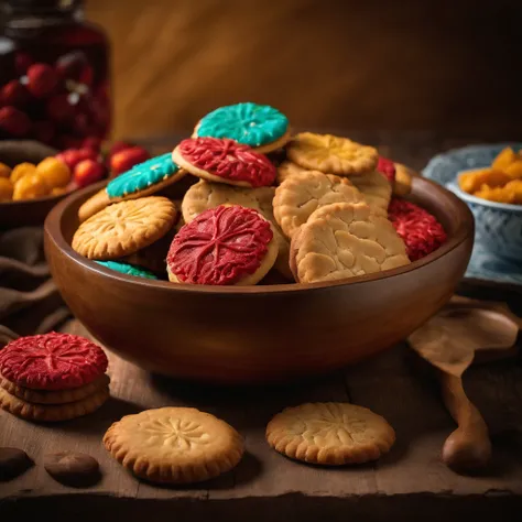 A wooden bowl filled with delicious cookies on the table, Still life by Jean-Pierre Noblin de la Gourdan, featured on cg society, artsy photography, photo taken with ektachrome, Photo taken with Nikon D750, macro photography