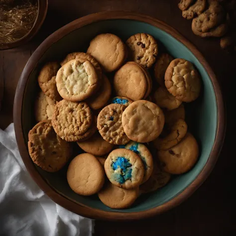 A wooden bowl filled with delicious cookies on the table, Still life by Jean-Pierre Noblin de la Gourdan, featured on cg society, artsy photography, photo taken with ektachrome, Photo taken with Nikon D750, macro photography